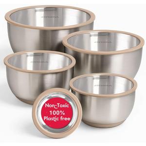 Ziruma Non-Toxic Mixing Bowls with Lids Set, Stainless Steel & Glass, 5 Pcs Plastic Free Bowls with Silicone Non-Slip Base, Dishwasher Safe Mixing Bowl Set