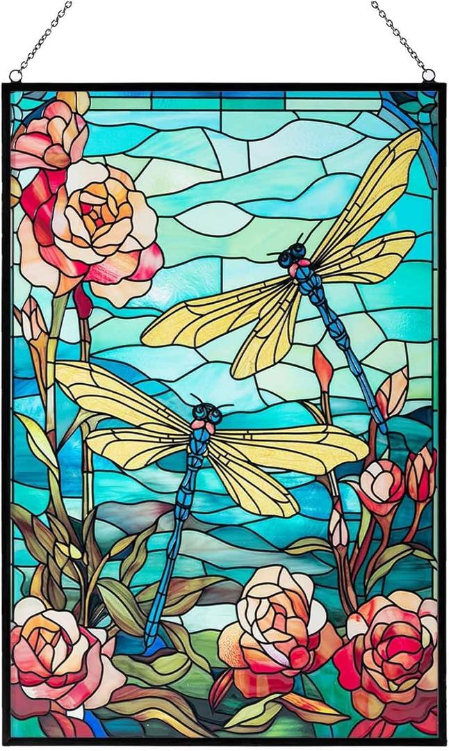 Stained Glass Window Hanging, Dragonfly Suncatchers for Windows Hanging, Handcrafted Sun Catchers Indoor Window Panel for Home Decor, Gift for Mom, Wife, Friends, Rectangular W10 xH15 (Yellow Dragonfly With Morning Glory Flowers)