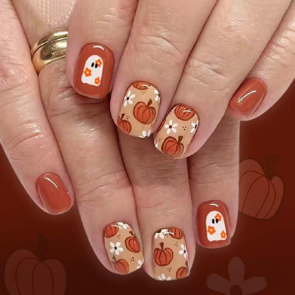 Halloween Press on Nails Square Short Fake Nails with Pumpkin Daisy Flower Glue on Nails Orange Glossy Acrylic Nails Press ons Cute Ghost Face Nails Full Cover Stick on Nails for Women 24 Pcs
