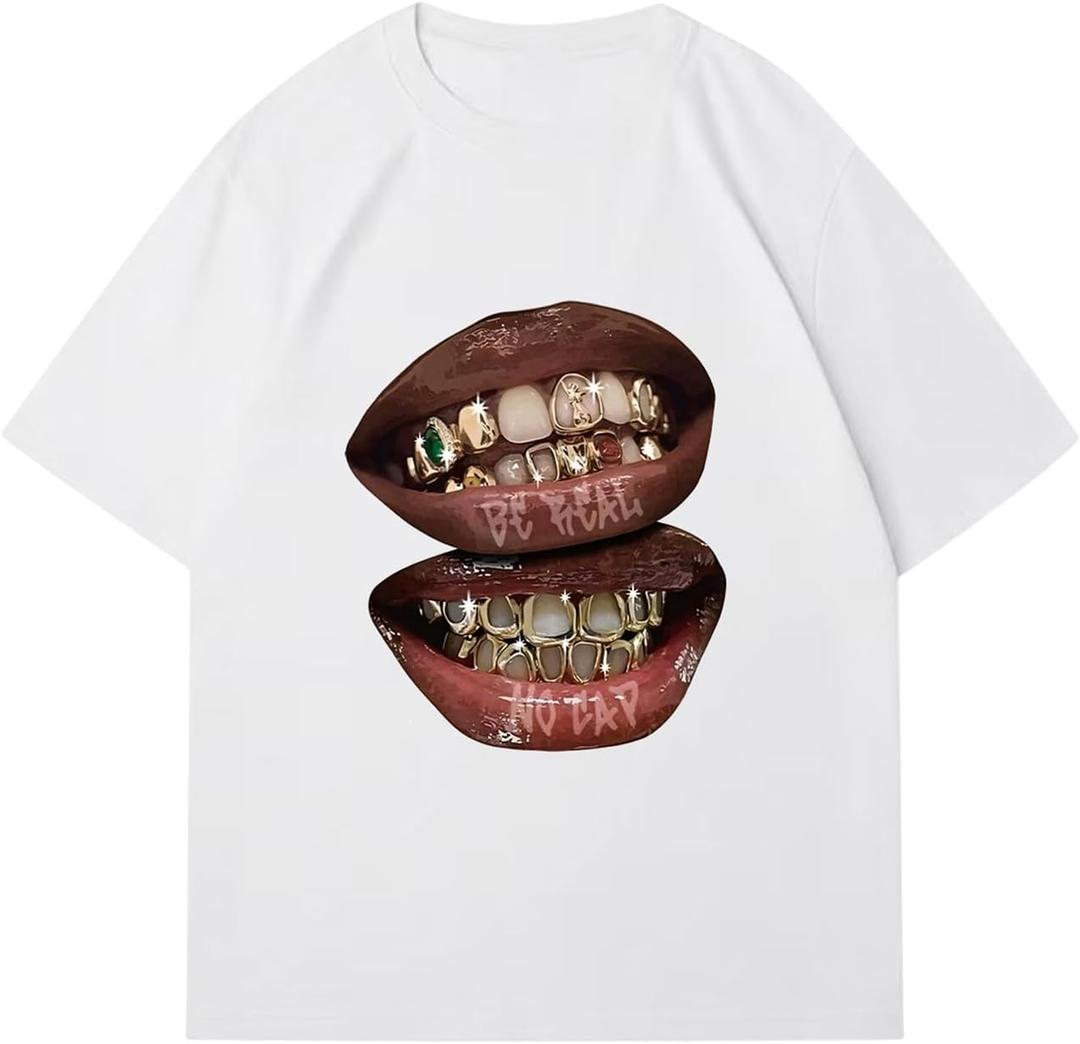 Verdusa Women's Lips Print Graphic Tees Y2k T Shirts Summer Crew Neck Vintage Going Out Tops (Large)