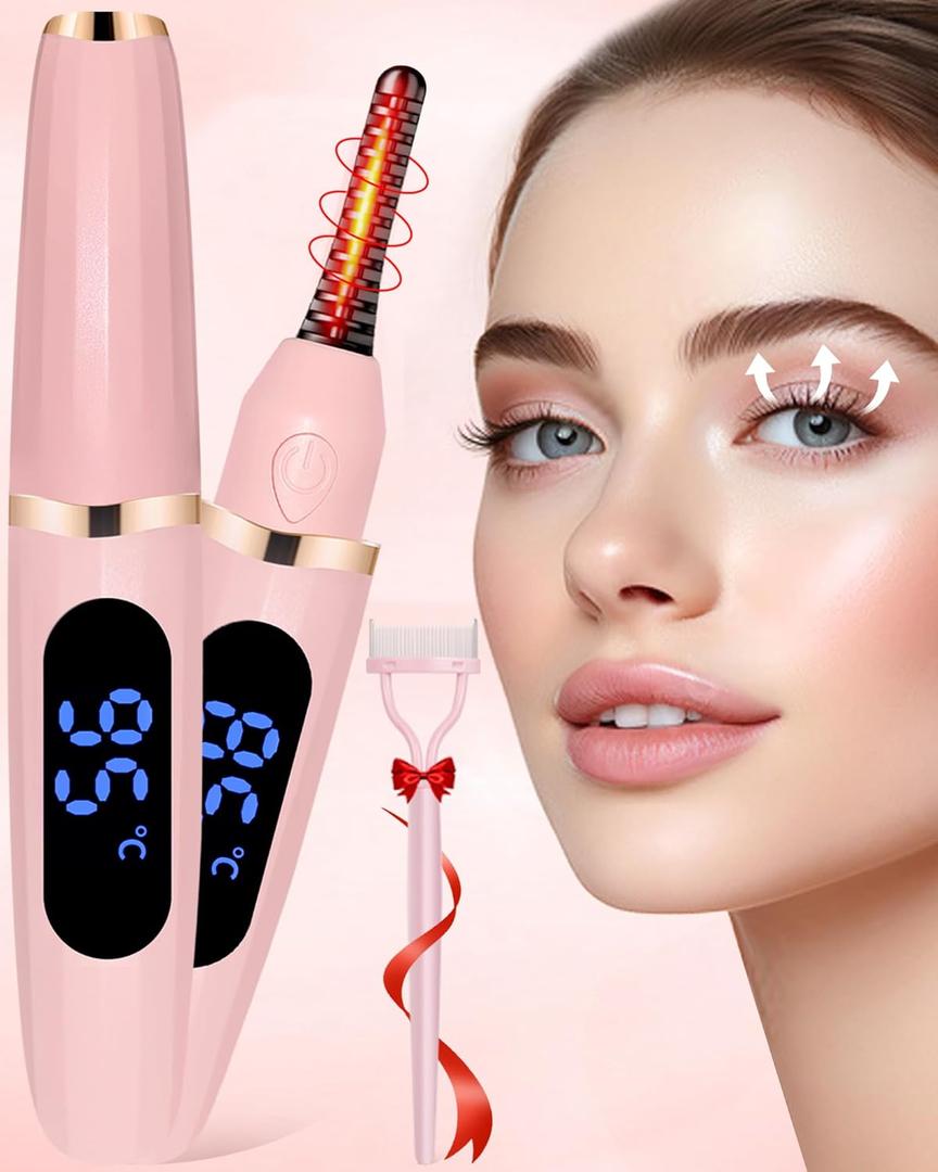 Heated Eyelash Curlers - Eye Lash Curler Heat - Mini Electric Eyelash Curler with LED Display 3 Temp Settings USB Rechargeable Natural Curling 24H Long Lasting for Women Makeup Tools Gifts (Pink)
