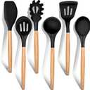 E-far Cooking Utensils Set of 6, Silicone Kitchen Utensils with Wooden Handle, Non-stick Cookware Friendly & Heat Resistant, Includes Spatula/Ladle/Slotted Turner/Serving Spoon/Spaghetti Server(Black)