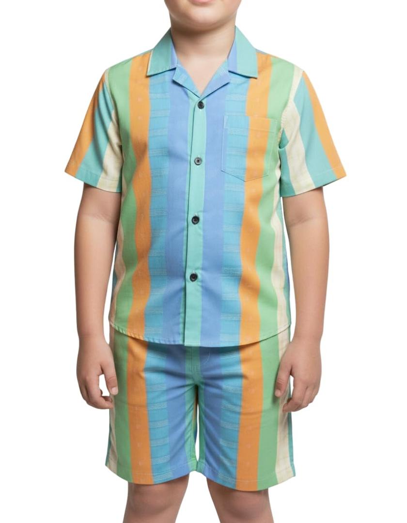 OPTRANEST Inc Baby Boys Colorful Striped Summer Outfit Set Soft Twill Shirt & Matching Shorts | Casual Clothing Set for Toddlers & Kids (1-2 Years) (Green)
