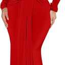 Memoriesea Women's Elegant Long Sleeve Deep V Neck Bodycon Party Evening Gown Maxi Dress (Large, Red)