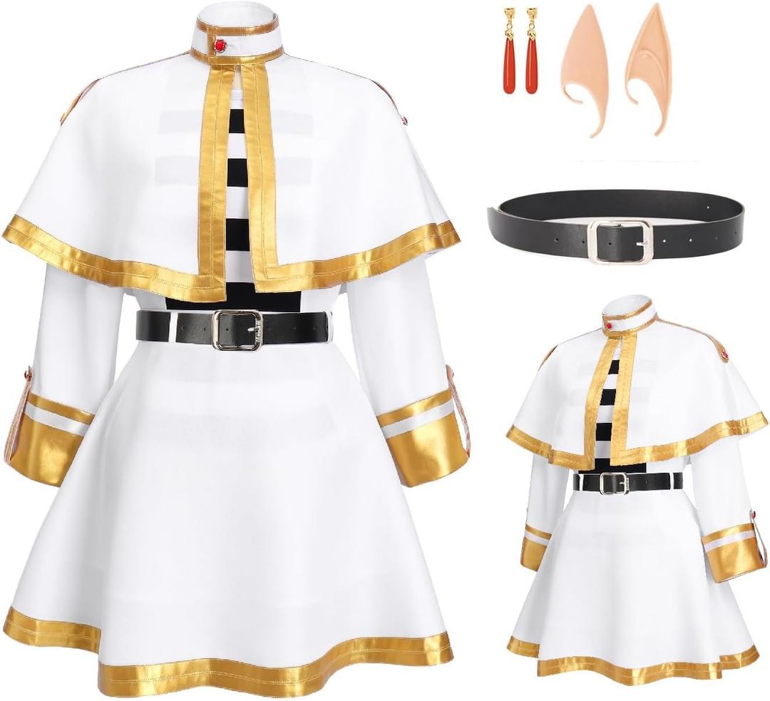 DAZCOS Cosplay Elf Costume Full Set White Cape Skirt Uniform with Pantyhose Belt Ears Halloween Outfit  (Medium)