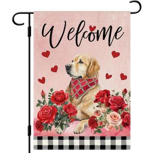 DLZDN Welcome Valentines Day Dog Garden Flag Love Heart Roses Golden Retriever Flag 1218 Inch Double Side Buffalo Plaid Farmhouse Yard Flag Anniversary Wedding Outdoor House Decoration