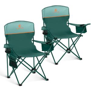 LET'S CAMP Camping Chair 2 Pack Folding Chair with 4-Can Cooler Bag Portable Lawn Chair with Cup Holder,Storage Pocket, Supports 350LBS, Collapsible Chair for Camp, Beach, Picnic (Green)