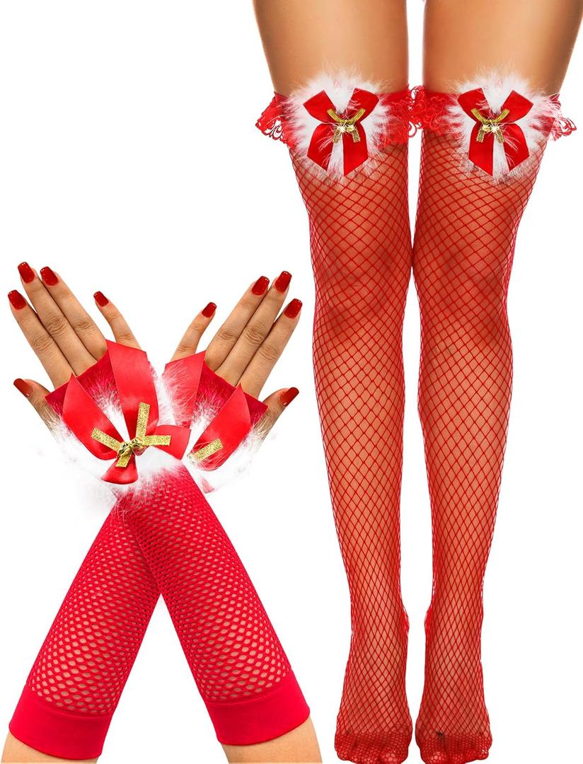 RSLOVE Women's Sexy Christmas Fishnet Thigh High Stockings and Santa Fingerless Gloves with Bell Xmas Costume Red Accessories