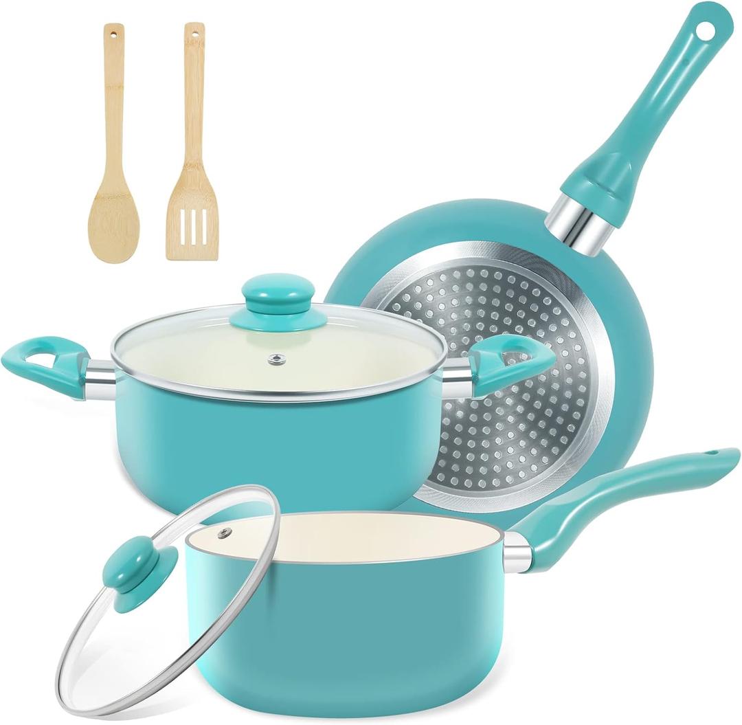 M MELENTA Pots and Pans Set, 7 Piece Nonstick Ceramic Cookware Set, Kitchen Induction Cookware Sets, Pots and Pans Non Stick with Stay Cool Handle, 100% PFOA Free, Turquoise (8" Skillet + 1.5QT Saucepan + 3QT Stockpot)