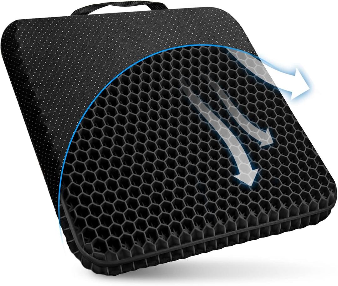 Gel Seat Cushion, for Long Sitting -Double Thick Gel Seat Cushion Breathable Honeycomb Chair Cushion with Non-Slip Cover for Office Chair Car, Wheelchair, Long Trips,Relief Sciatica Pain (Black)