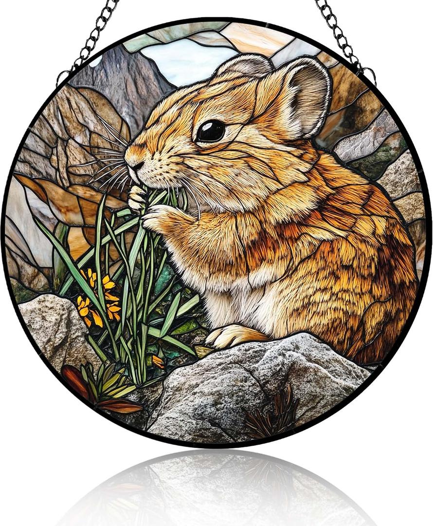 Stained Glass Window Hanging, Pika Eating Grass Suncatcher Diamond Glass Panel Hangings Scenery Sun Catchers Decor for Birthday Gift for Women, Men, Wife, Aunt, Mom and Bird Lover 6.3 inch
