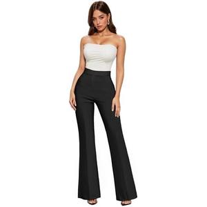 Hybrid & Company Womens Ultra Stretch Ponte Flare Pants-High Rise,Faux Pockets,Pull On,Wrinkle Resistant-Casual & Office Wear XS
