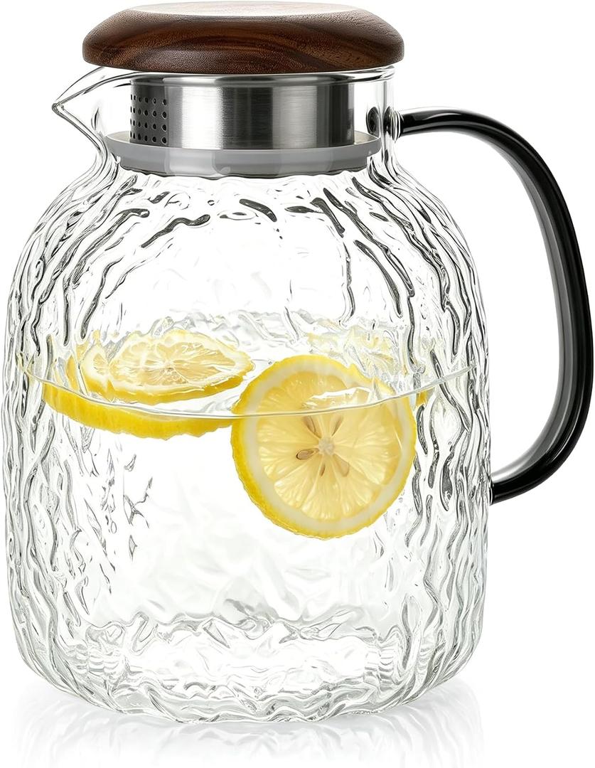 2L Square Glass Pitcher with Lid and Spout, Borosilicate Glass Carafe for Hot/Cold Drink, Water Pitchers with Handle for Fridge, Extra Large Jug for Iced Tea, Coffee, Juice, Beverage, 68 Ounces