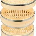 Juvale 2-Tier Steamer Pot Insert with Steel Rings - 10" x 6.5", Beige - Bamboo & Steel Stackable Basket for Rice & Dumpling Steamer for Vegetables