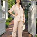 Ekaliy Women's 2 Piece Casual Pleated Outfits Short Sleeve Button Down Shirt High Waist Wide Leg Trouser Sets Suit Beige L
