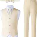 Boys Linen Suit, Toddler Wedding Tuxedos, Teens Boy Suits Set for Kids Beach Summer Outfits (7, Champagne)