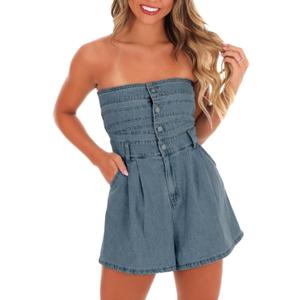 Mandonce Denim Jumpsuit For Women Sleeveless One Shoulder Pleated Button Down Tube Top High Waist Shorts Denim Romper Sexy (Medium, Blue)