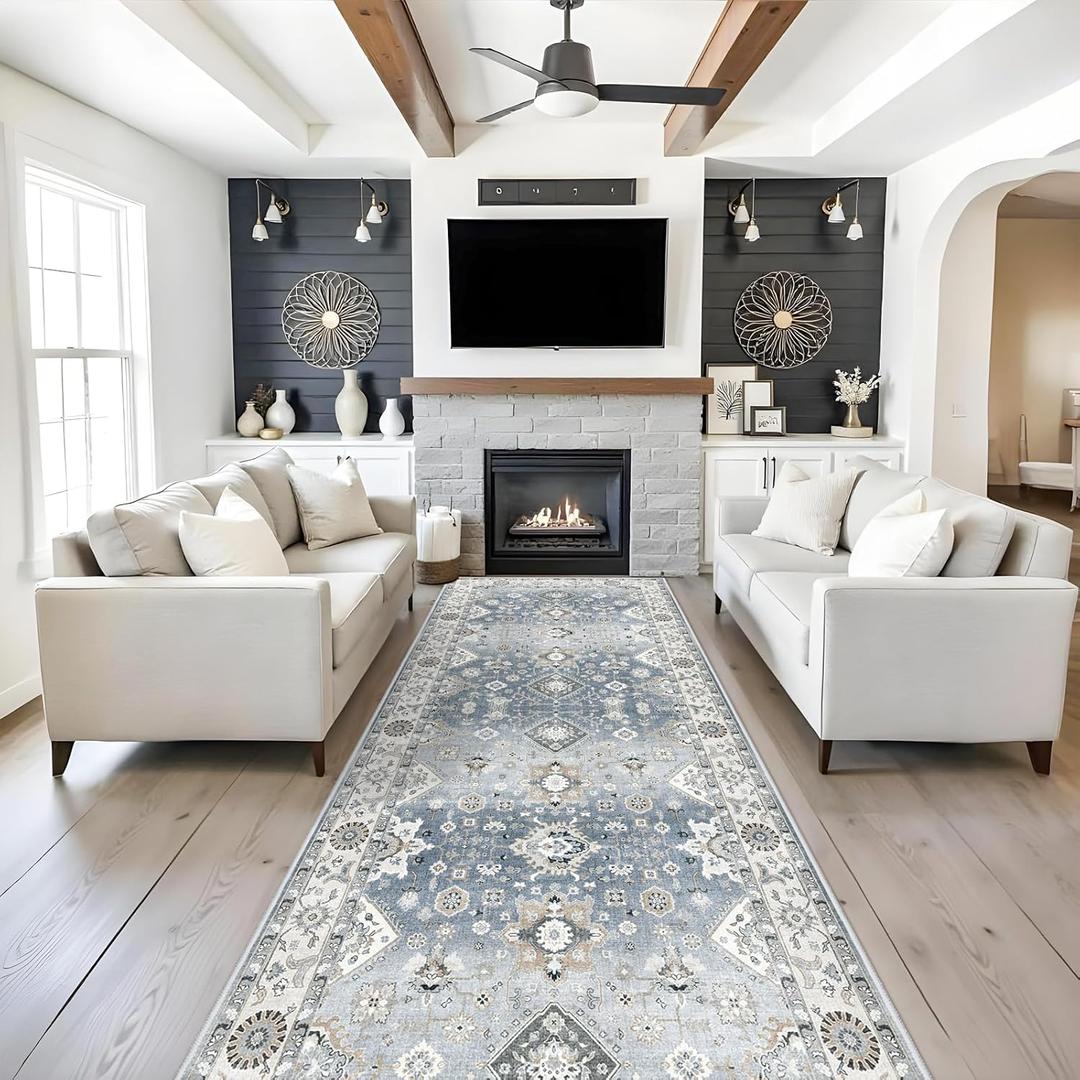Washable 4x12 Wide Hallway Runners: Vintage Soft Runners for Living Room Bedroom Stain Resistant Carpet with Non-Slip Backing for Entryway Ktichen Ultra Thin Bathroom Carpet for Dining Room(Grey,4x12)