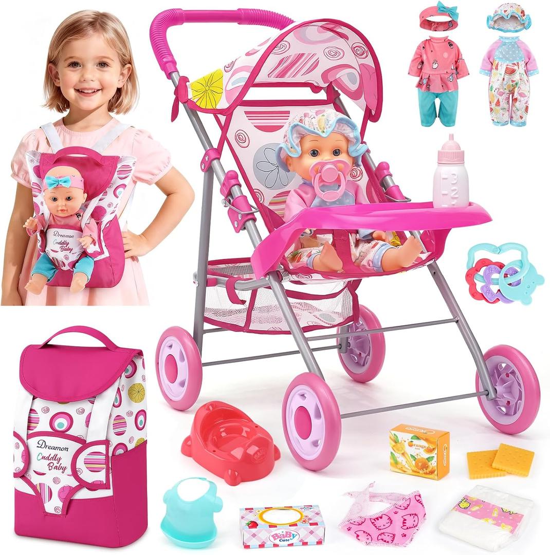Baby Doll Stroller Set with 12.5" Doll, Baby Dining Table, Backpack with Carrier, 21 PCS Baby Doll Accessories Stroller Toys, 2 Sets Doll Clothes, Feeding Set Girls Toddlers Gifts for Pretend Play