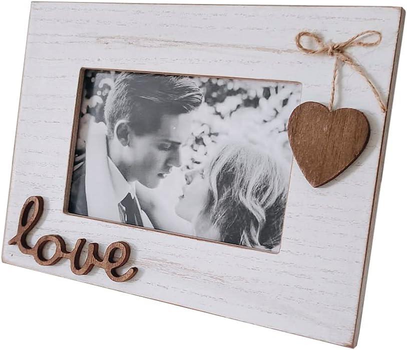 4x6 Love Picture Frame Horizontal White with Heart for Table Top and Wall Mounting-Distressed Wooden Photo Frame HD Glass Inside (white)