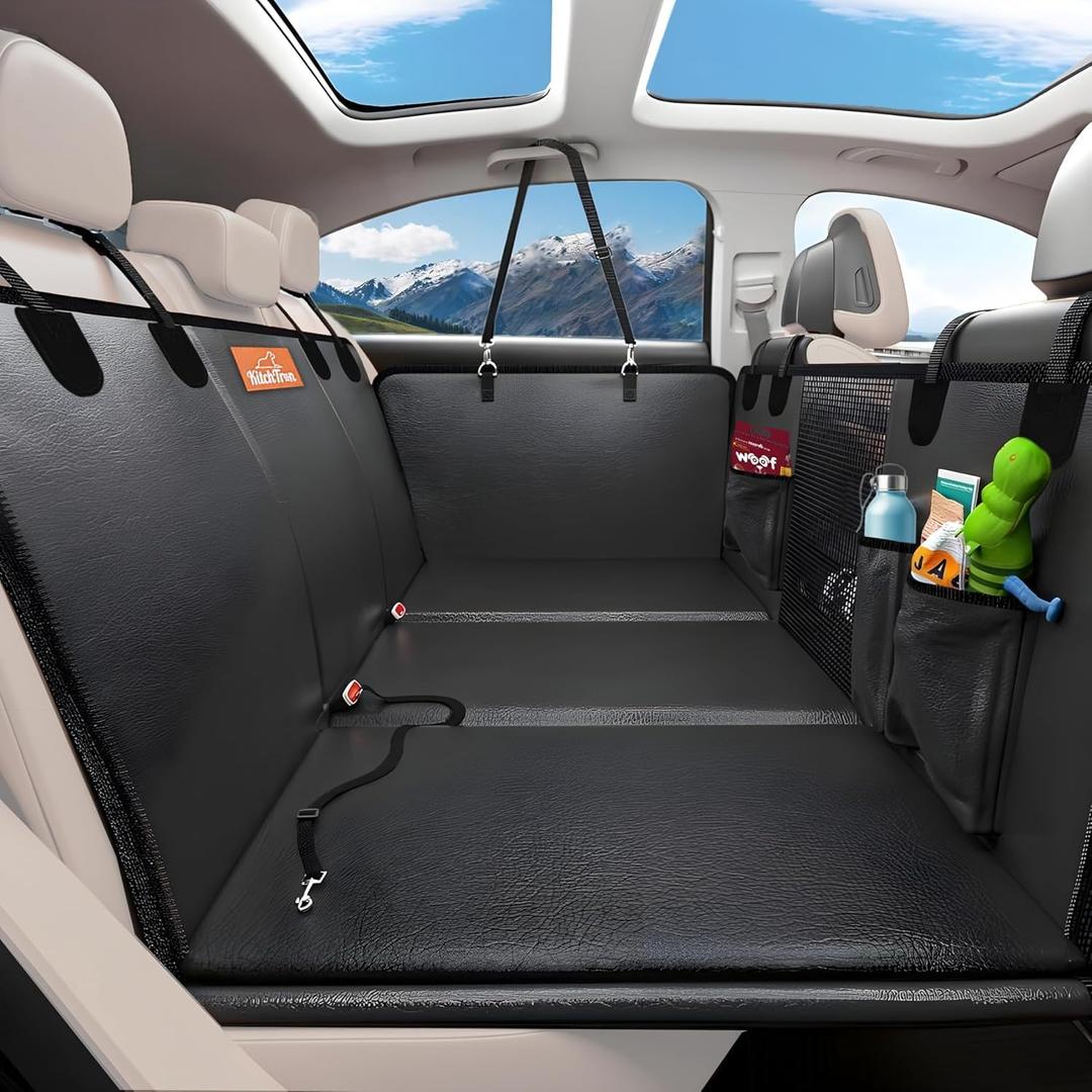 Dog Car Seat Cover for Back Seat  Waterproof PU Leather Hard Bottom Back Seat Extender for Dogs, Holds up to 400 lbs, Anti-Scratch Non-Slip Dog Hammock for Car with Mesh Window, Fits SUVs & Trucks