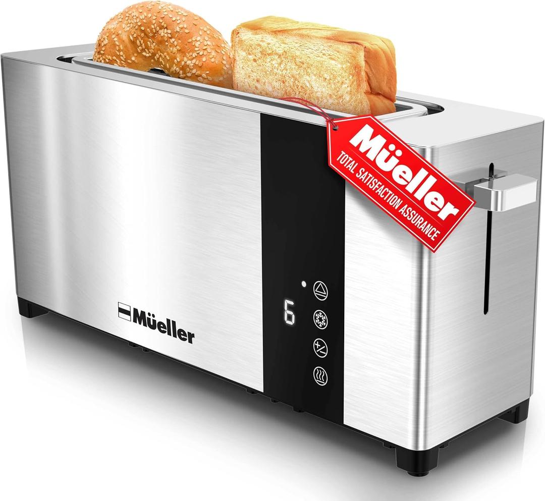 Mueller UltraToast Full Stainless Steel Toaster 2 Slice, Long Extra-Wide Slots With Removable Tray, Cancel/Defrost/Reheat Functions, 6 Browning Levels With LED Display, Housewarming Gifts New Home