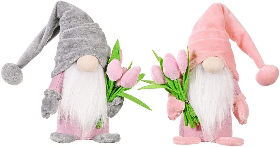 2 Pack 14.5 Inch Spring Tulip Gnomes Plush Decor, Cute Faceless Gnomes with Flower Bouquet, for Mom, for Women, Spring Home Tabletop Shelf Decoration (Pink)