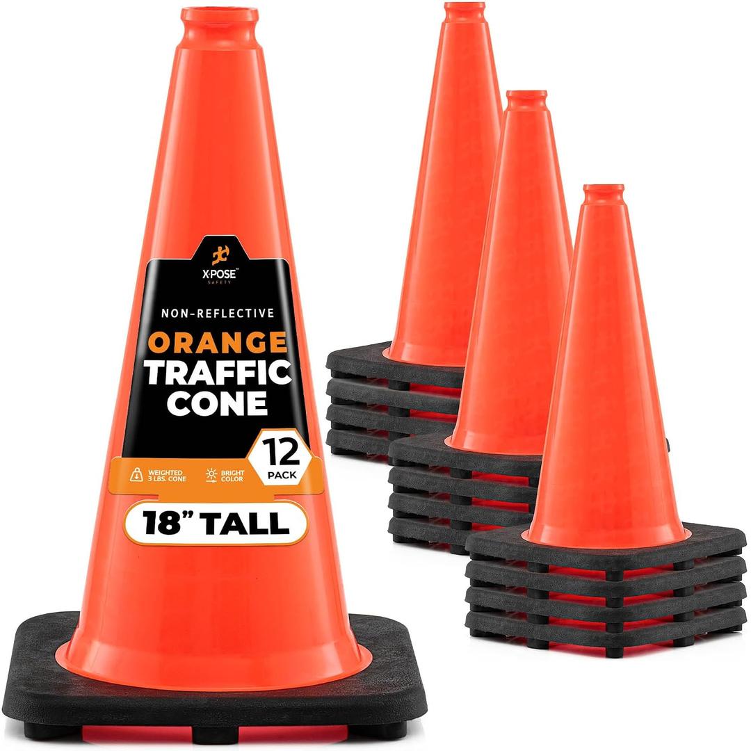 Xpose Safety 18 Inch Orange Traffic Cones, 12-Pack - Multipurpose PVC Plastic Safety Cone for Parking, Soccer, Caution, Kids and Construction - DOT Approved