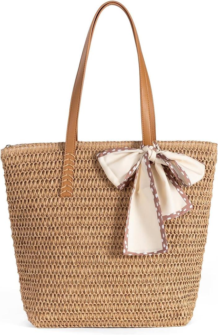 Large Straw Beach Bag: Women's Handwoven Tote with Zipper Pocket - Lightweight Summer Purse for Travel & Work (Brown)