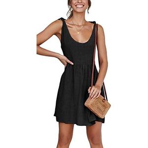 CNJFJ Womens Summer Shoulder Tie Strap Babydoll Dress Casual Scoop Neck A-Line Skater Swing Mini Sundress Size M