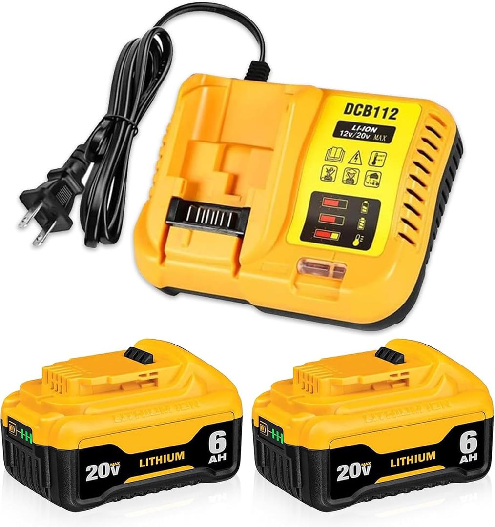 2PACK 20V 6.0Ah Lithium DCB200 Replacement for DEWALT 20V MAX Battery and Charger Combo 12V/20V DCB112 Station Kit Compatible with Dewalt 20Volt Battery DCB204 DCB203 DCB206 DCB201