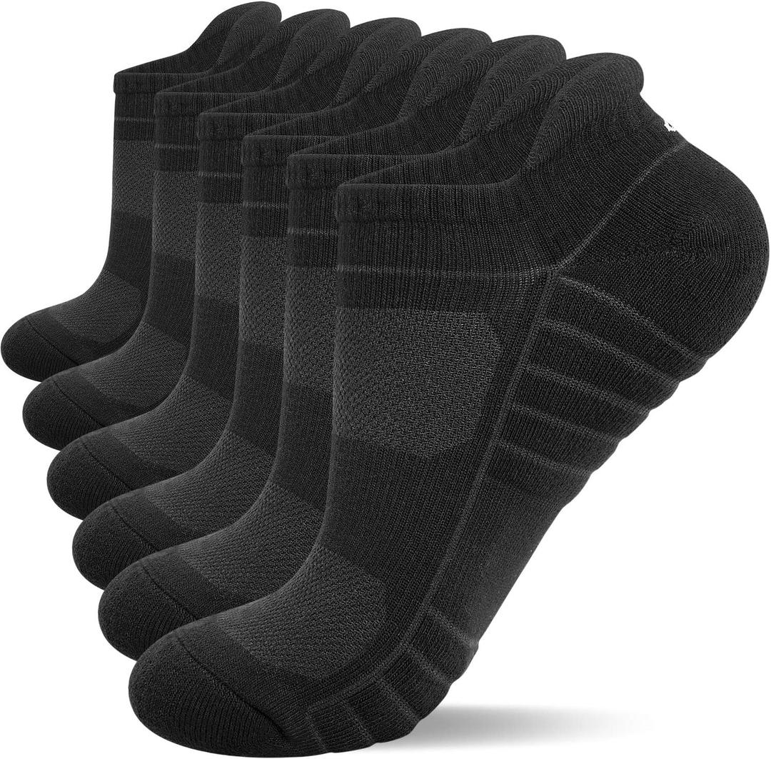 Lapulas Athletic Running Ankle Socks, Low Cut Cushioned Anti-Blister Tab Sports Socks Men Women 6Pairs (Black, L)