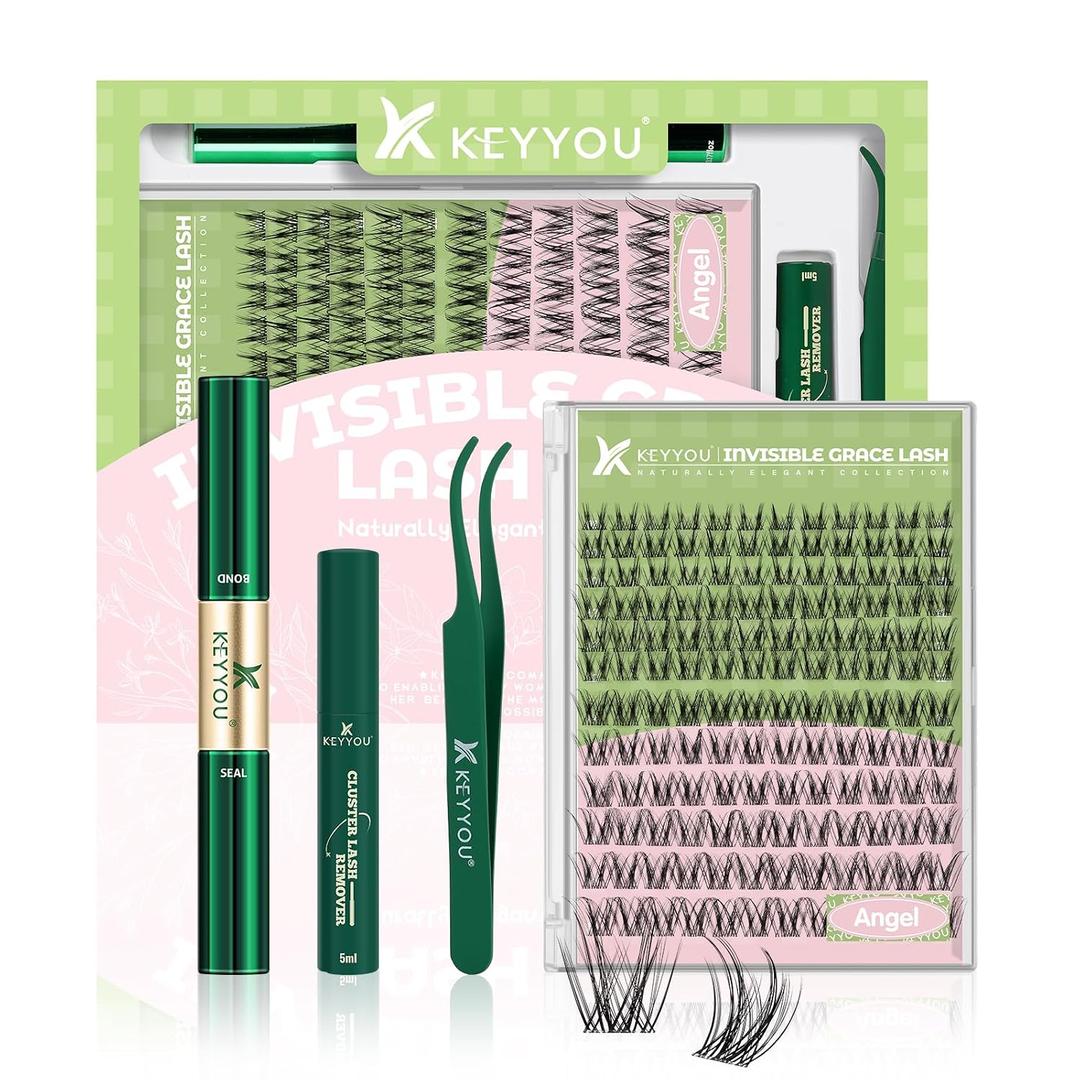 KEYYOU Angel lash Clusters Kit Lash Extension Kit C Curl 144Pcs Eyelash Extension Kit Wispy Natural Invisible Band Lash Kit with Waterproof DIY Lash Extension Kit at Home(Angel-D-8-18MIX)