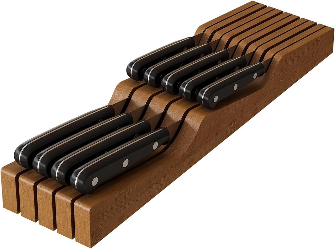 In-Drawer Knife Block Organizer - Bamboo Wood Drawer Knife Organizer-Protecting Knife Organizer Block (Not Included) (Brown, 9 Knives Dock)