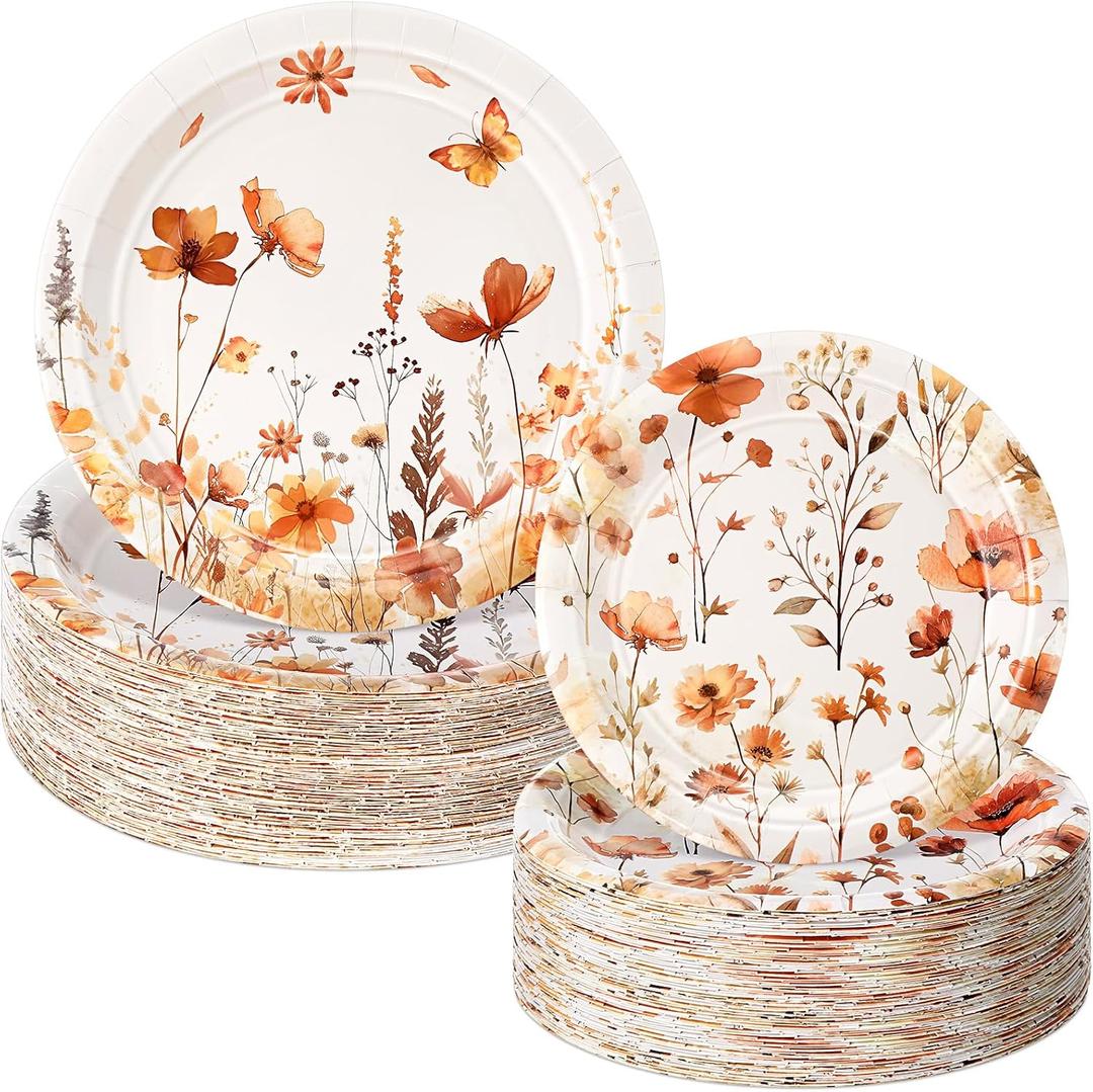 Mumufy 100 Pack Fall Wild Floral Paper Plates 9" & 7" Disposable Autumn Wildflower Cake Dessert Plates Watercolor for Dinner Wedding Baby Shower Birthday Fall Tea Party Decoration Supplies