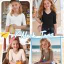 LessonZoo 4 Pack Teen Girls T Shirts Kids Summer V Neck Tops Ribbed Basic Cute Tees Short Sleeve Clothes for Tween 5-14 Years(Black, White, Mocha, Cream,11-12 Years)