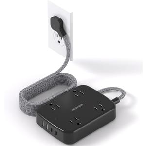 Extension Cord 15 ft, BESHON Long Power Strip with 2 USB C, Flat Plug Power Strip, 4 Outlets and 4 USB Charging Ports, Outlet Extender, 900 Joules, for Home Office Dorm Room Essentials, Black