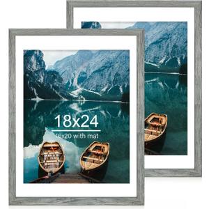 18x24 Frame Set of 2, Rustic Grey Wood Style - Display 18 x 24 Poster without Mat or 16x20 Picture with Mat, Wall Mounting Horizontal and Vertical