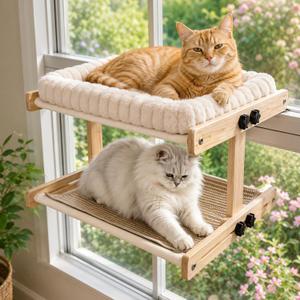 Teabelle Double Layer Cat Window Perch with 3 Interchangeable Mats, Bedside Sleeper, Adjustable Solid Wood Tree Cat Hammock for Small & Medium Breeds, Sturdy Window Bed(Plush, Sisal, Canvas)