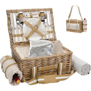 G GOOD GAIN Picnic Basket for 2-19Pcs Wicker Picnic Set with Waterproof Blanket & Wine Bag| Large Picnic Hamper with Insulated Cooler & Cutlery Kit for Couples Camping,White Flower,15x10.6x7.5inch