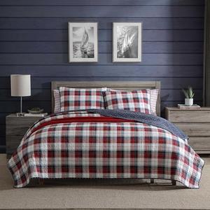 Nautica - Twin Quilt Set, Super Soft Reversible Bedding with Matching Sham, Plaid Bedding Set (Rosedale Red, Twin)