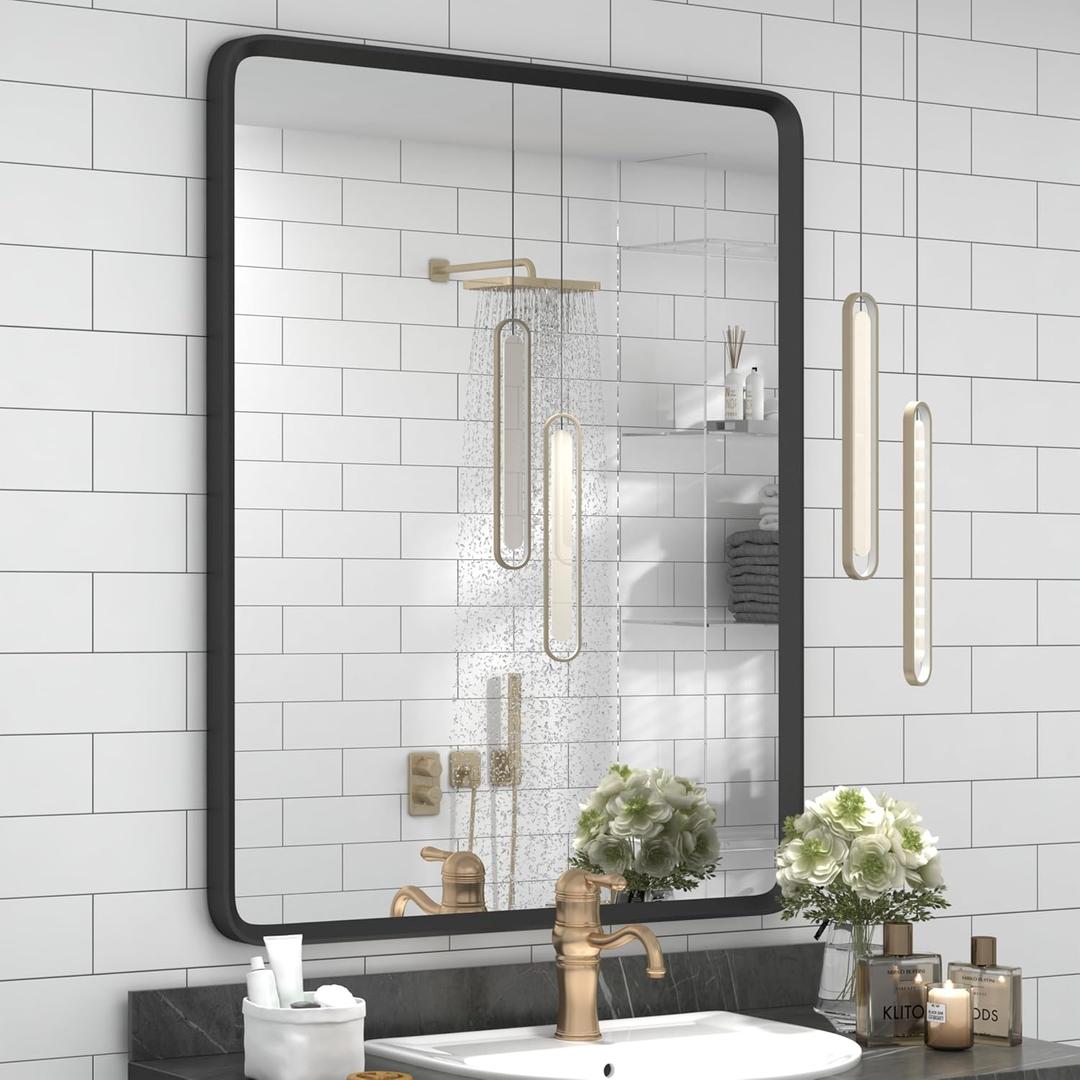 24x32 Black Bathroom Mirror, Black Matte Metal Framed Vanity Mirror, Rounded Rectangle Mirror, Anti-Rust, Shatterproof (Horizontal/Vertical)