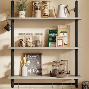 Bestier 3 Tier Industrial Pipe Shelving, Floating Book Shelves for Wall, Storage Hanging Shelves with Towel Bar for Bathroom Organizer Bedroom Kitchen Plants Office. 31.5 Inch Retro Grey