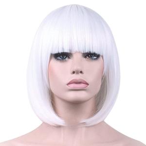 White Wigs for Women 12'' Short White Bob Hair Wig with Bangs Natural Synthetic Soft Wig Cute Colored Wigs for Daily Party Halloween BU027WH