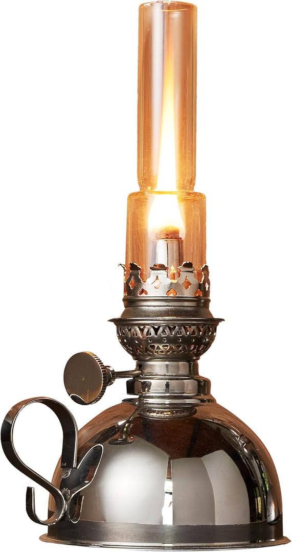 Kings County Tools Oil Lamp - 9 Tall Lantern with Antique-Style Nickel Body and Glass Chimney - Decorative Kerosene Lantern with Adjustable Wick - Oil Lamps for Indoor or Outdoor Use
