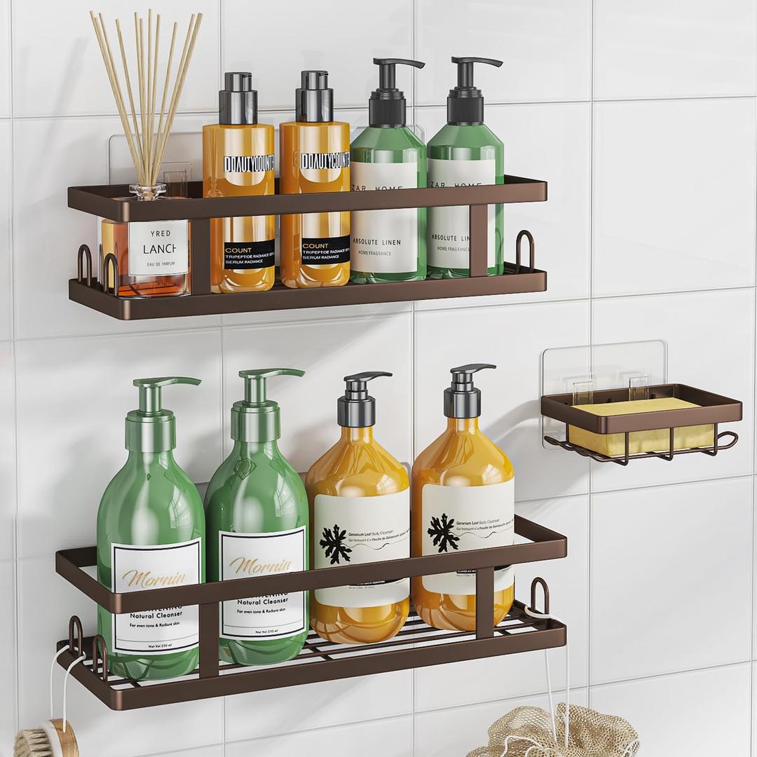 Youvip Adhesive Shower Caddy,Shower Shelves with Soap Holder and 12 Hooks,Rustproof No Drilling Bathroom Organizer and Storage,Bronze,3 Pack