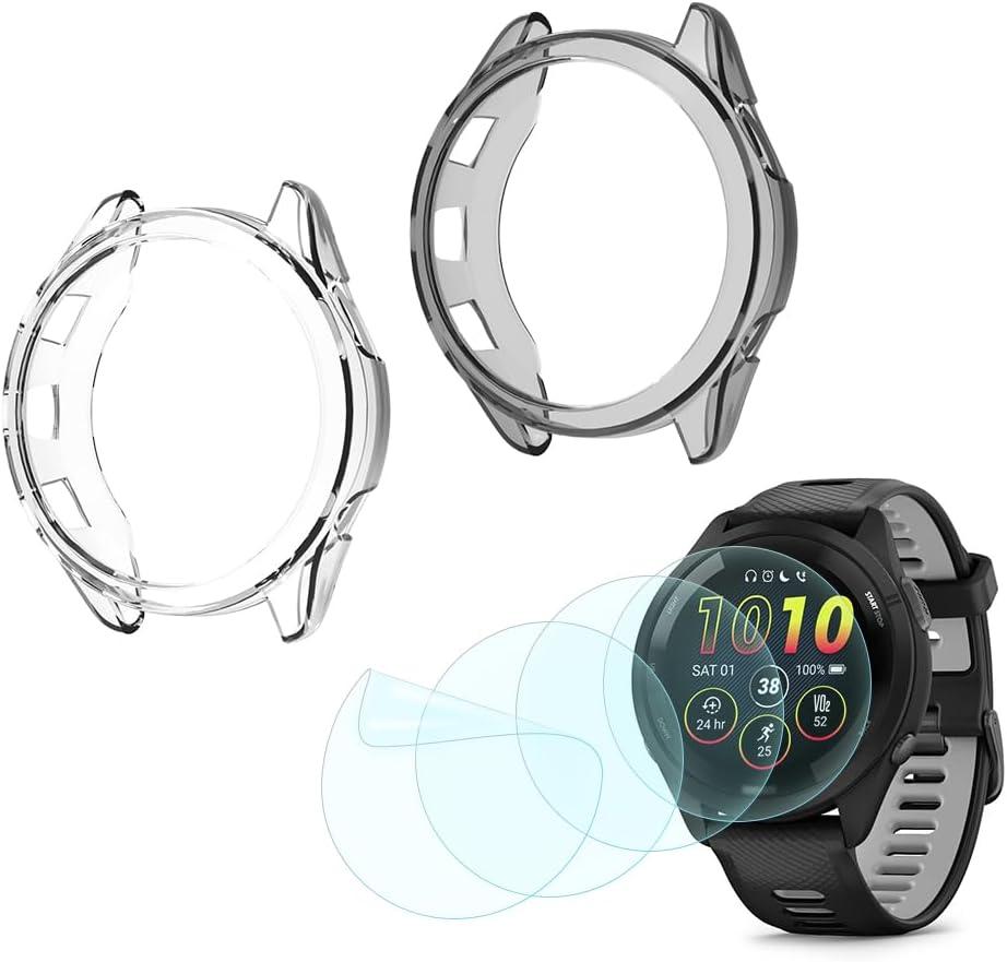 Compatible for Garmin Forerunner 265 Screen Protector & TPU Case Combo,Soft Flexible Film + Anti-Scratch Full Coverage Frame | Clear/Clear Black Protective Cover Set (4 Films + 2 Cases)