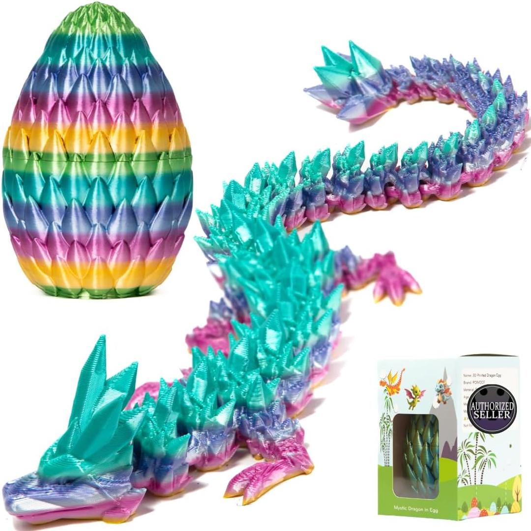 ELORION 12 3D Printed Articulated Fidget Figure in 5 Dragon Egg, Prefilled Egg with Dragon Inside, Easter Basket Stuffer Gift (Rainbow)