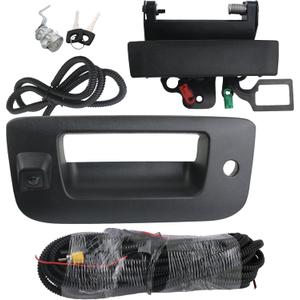 Backup Camera with Tailgate Handle & Bezel Trim & Lock Cylinder Compatible with 2007-2014 Chevrolet Chevy Silverado, GMC Sierra Truck 1500 2500 3500 Tailgate Parts (Black)