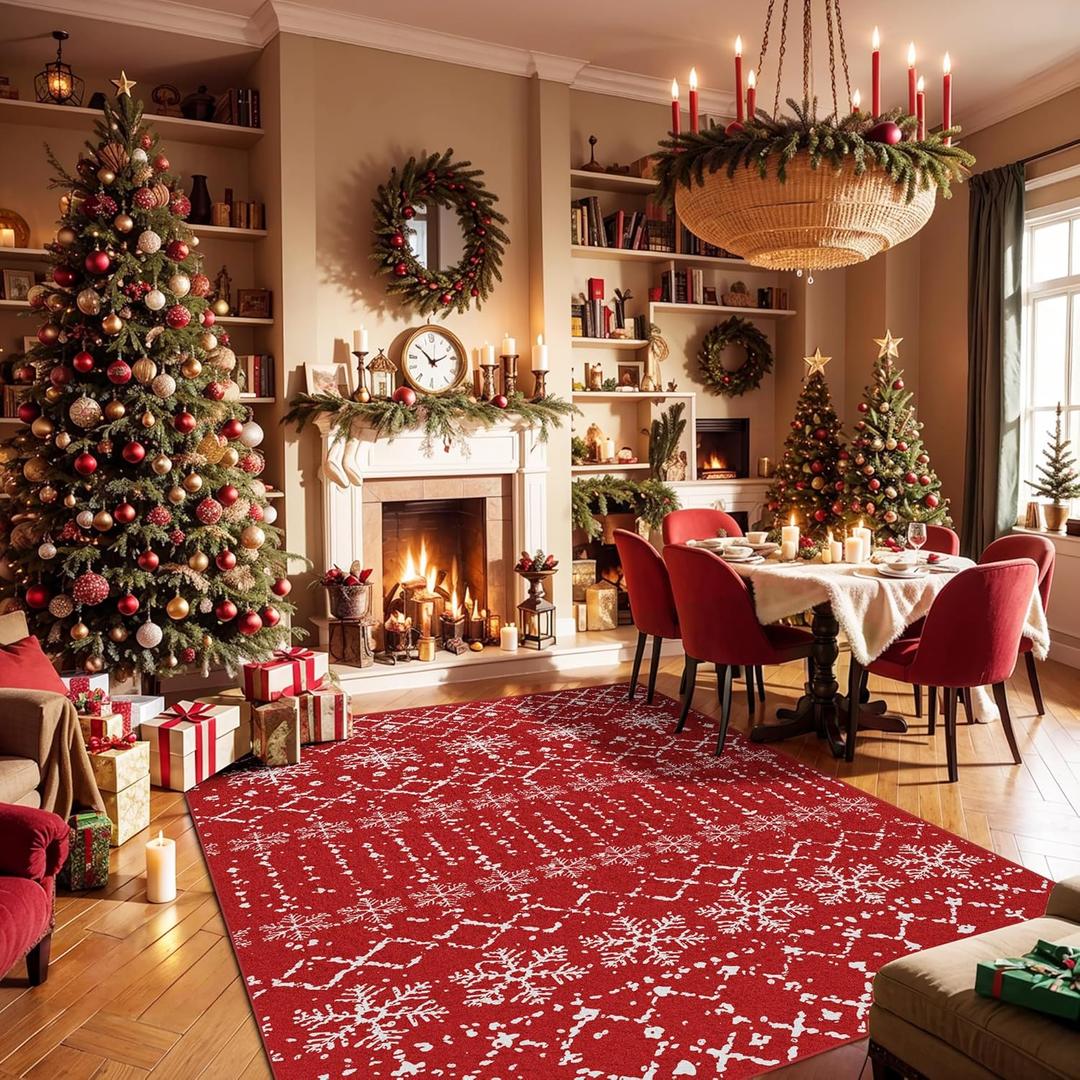 Christmas Area Rug 3x5 Rugs for Living Room Red Snowflake Plaid Decorative Modern Rug Holiday Decor Geometric Non Slip Rug Washable Carpet for Bedroom Dining Room